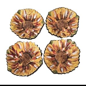 4 Clay Art Tuscan Yellow Sunflower Hand Painted Small Dipping Snack Plates